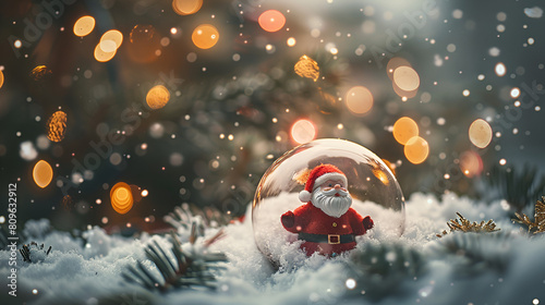 Santa clause in glass snow ball. Christmas ornament snowy bokeh in winter glow