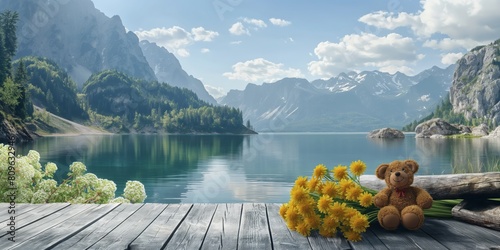 Tranquil landscape scene with a cute teddy bear and yellow flowers creating a sense of peace and nostalgia by a serene mountain lake