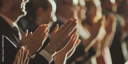 A group of people dressed in formal attire clapping at an event with blurred faces