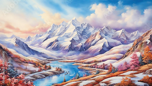 Silk painting: A majestic, mountain landscape, capturing the breathtaking beauty of snow-capped peaks and serene valleys, all rendered in the rich, harmonious colors of silk painting, 