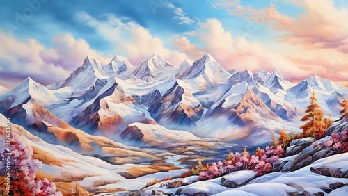Silk painting: A majestic, mountain landscape, capturing the breathtaking beauty of snow-capped peaks and serene valleys, all rendered in the rich, harmonious colors of silk painting, 