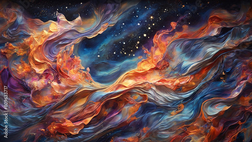 Silk painting: An atmospheric, celestial nightscape, featuring a starry sky, swirling galaxies, and a sense of wonder, all created using the luminous, flowing colors of silk painting, 