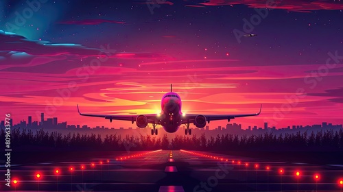 A red and purple sky with a plane flying through it