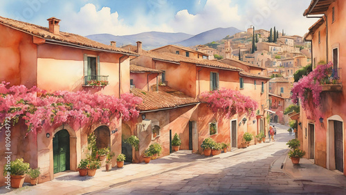 Watercolor painting: A charming, rural Italian village scene, featuring terra-cotta-roofed houses, cobblestone streets, and a lively piazza, with villagers going about their daily routines