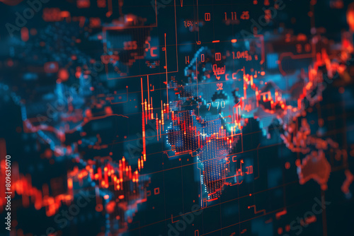 A stock market graph overlaying a digital map represents a financial crisis with a bearish trend in a digital graphic style on a dark background. 3D Rendering
