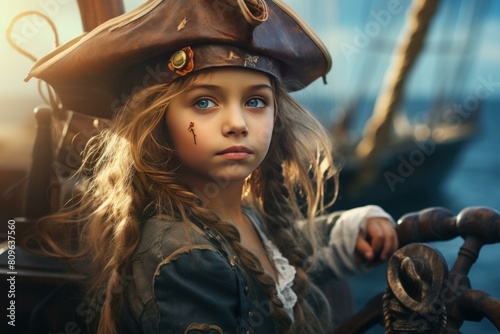 Child dressed as a pirate with a tricorn hat stands at the helm of a ship at sunset