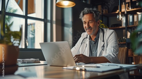 Mature doctor using a laptop in a well-lit, plant-filled office space.