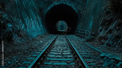 A close-up photograph of a dark and desolate railway tunnel