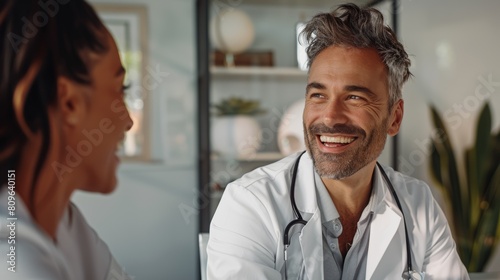 male doctor smiles warmly during a friendly consultation with a female patient, illustrating trust and professionalism in healthcare