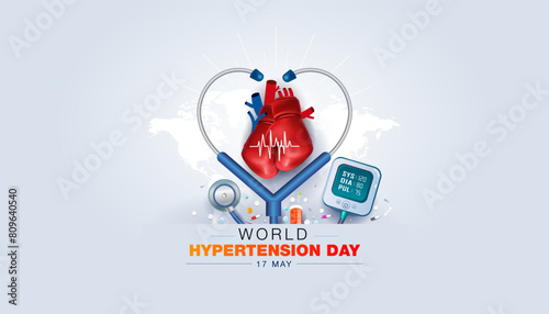 Hypertension Day. Heart high blood pressure or attack prevention care banner with medical stethoscope