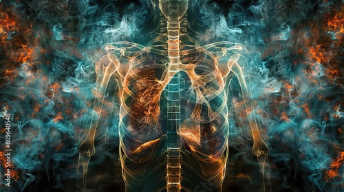 A chest Xray with a striking devilcore twist, showcasing a normal man s anatomical features lungs, heart, spine, and diaphragm amidst a backdrop of dark and mystical visual designs