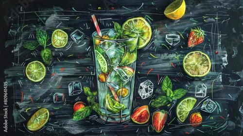 Vintage style stylized drawing on a blackboard of a cocktail mojito in vintage style