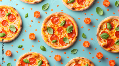 A pattern of mini pizzas with pepperoni and basil