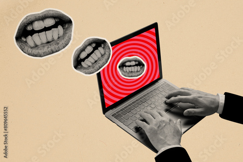 Composite collage picture image of hands typing mouth internet bullying laptop weird freak bizarre unusual fantasy billboard