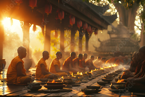 Buddhist alms giving ceremony in the morning. The tradition of giving alms to monks.