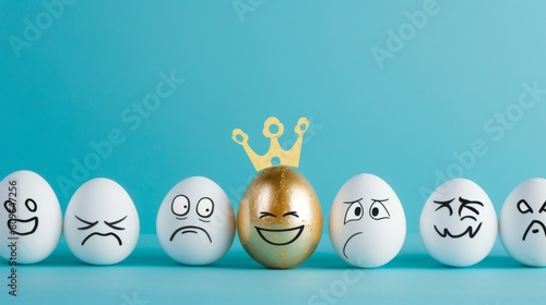 On the blue background, there is a smiling golden egg with a crown among angry and sad white eggs. Each egg has a funny drawn face on it.