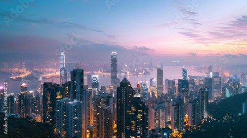 A breathtaking panoramic view of a serene cityscape at twilight, with towering skyscrapers illuminated against a soft, pastel sky.