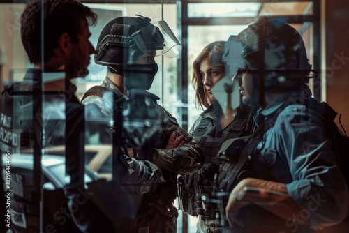 Hostage negotiators communicating with suspects in a group, enhancing the exchange.