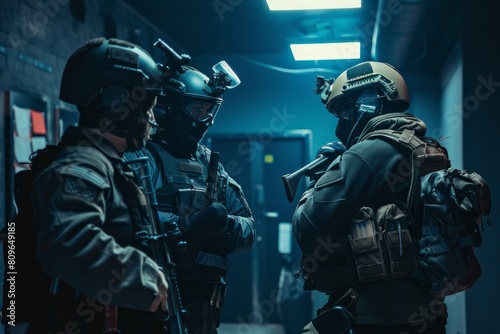 Hostage negotiators de-escalating a tense situation as a group of soldiers stands in a hallway.