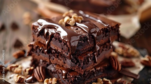 Chocolate spongy brownie cakes with walnuts and melted chocolate topping on a stack
