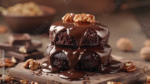 Chocolate spongy brownie cakes with walnuts and melted chocolate topping on a stack