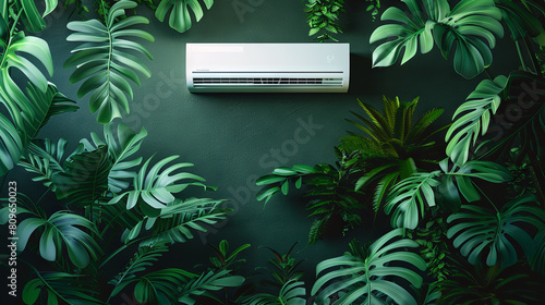 The air conditioner, positioned on the dark green wall, seamlessly integrates with the indoor plants, elevating the room's visual appeal