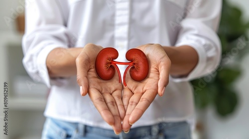 In this picture, a woman holds a healthy kidney between her palms on white background.