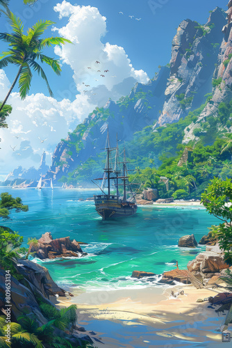 Pirate Ship Embraced by Island's Verdant Landscape and Azure Waters