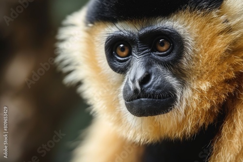 Close image of Yellow Cheeked Gibbon monkey face, Ai generated