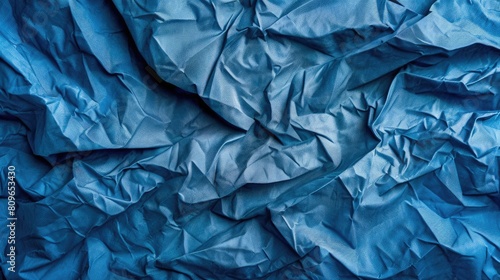 The background features a crumpled blue fabric texture
