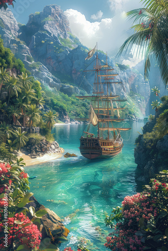 Majestic Pirate Ship Anchored Amidst Island's Verdant Landscape