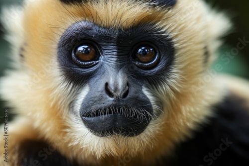 Close image of Yellow Cheeked Gibbon monkey face, Ai generated