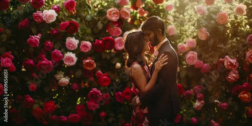 A romantic and intimate moment is captured as a couple kisses surrounded by lush roses; their faces anonymized