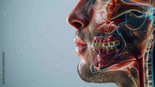 Anatomy of the mouth, nose, and throat on a portrait of a man.