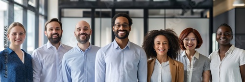 A group of diverse professionals standing side by side in a business environment, smiling and looking confident