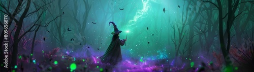 Wicked witch casting spells, deep woods, twilight, green and purple lights, medium angle