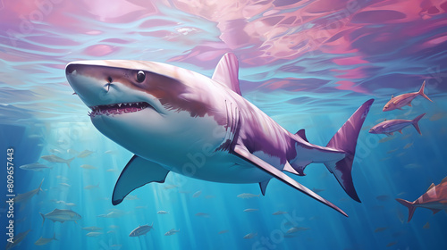 A great white shark swims through a sea of fish