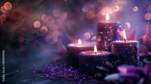 Candles adorned with purple glitter burn in the darkness, surrounded by blurred, abstract lights