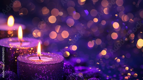 Candles adorned with purple glitter burn in the darkness, surrounded by blurred, abstract lights