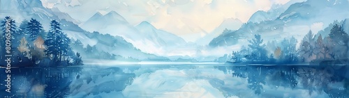 Watercolor style wallpaper a tranquil lake mirrors the azure heavens above, its surface shimmering with a thousand reflections.