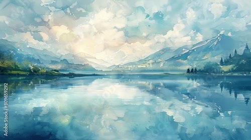 Watercolor style wallpaper a tranquil lake mirrors the azure heavens above, its surface shimmering with a thousand reflections.