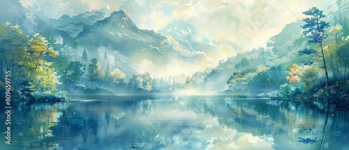 Watercolor style wallpaper a tranquil lake mirrors the azure heavens above, its surface shimmering with a thousand reflections.