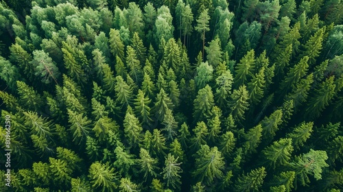 An overhead perspective captures the lush green canopy of trees in the rural forests of Finland during the summer months, as seen through drone photography.