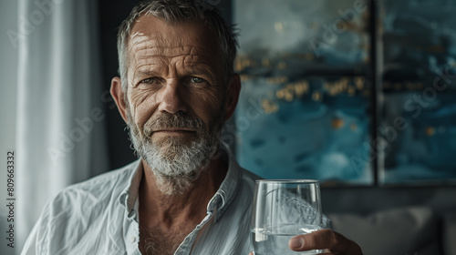 Portrait of senior caucasian man stand at home and hold glass of water