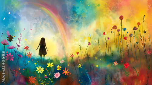 A whimsical, colorful scene featuring a silhouetted girl standing in a field of vibrant flowers under a rainbow. The background is a dreamy blend of blues