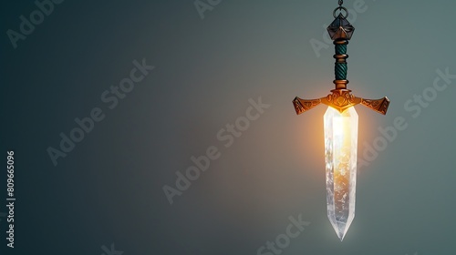 A glowing crystal sword against a gray background.