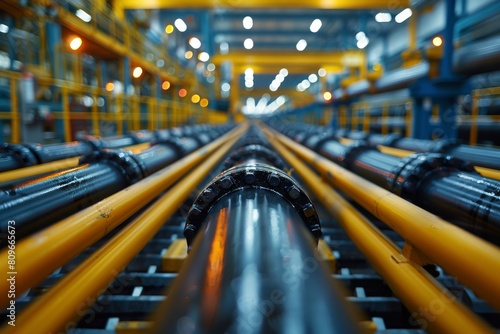 A dense array of black pipelines in an industrial setting presents a maze-like structure, indicating a complex system