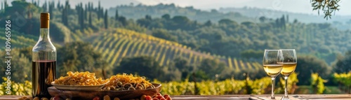 Enjoy a delicious Italian meal with wine in the beautiful countryside. The sun is setting over the vineyards, and the air is filled with the scent of rosemary and lavender.