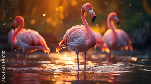 Elegant American Flamingos Bathing in Golden Water at Sunset