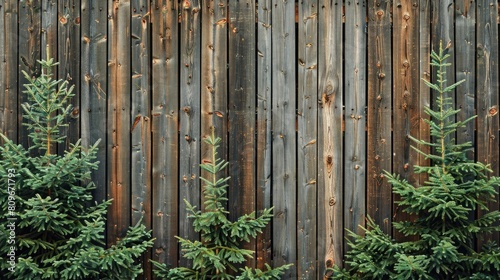 Texture pattern of wooden planks in a fence with pine trees in the background
